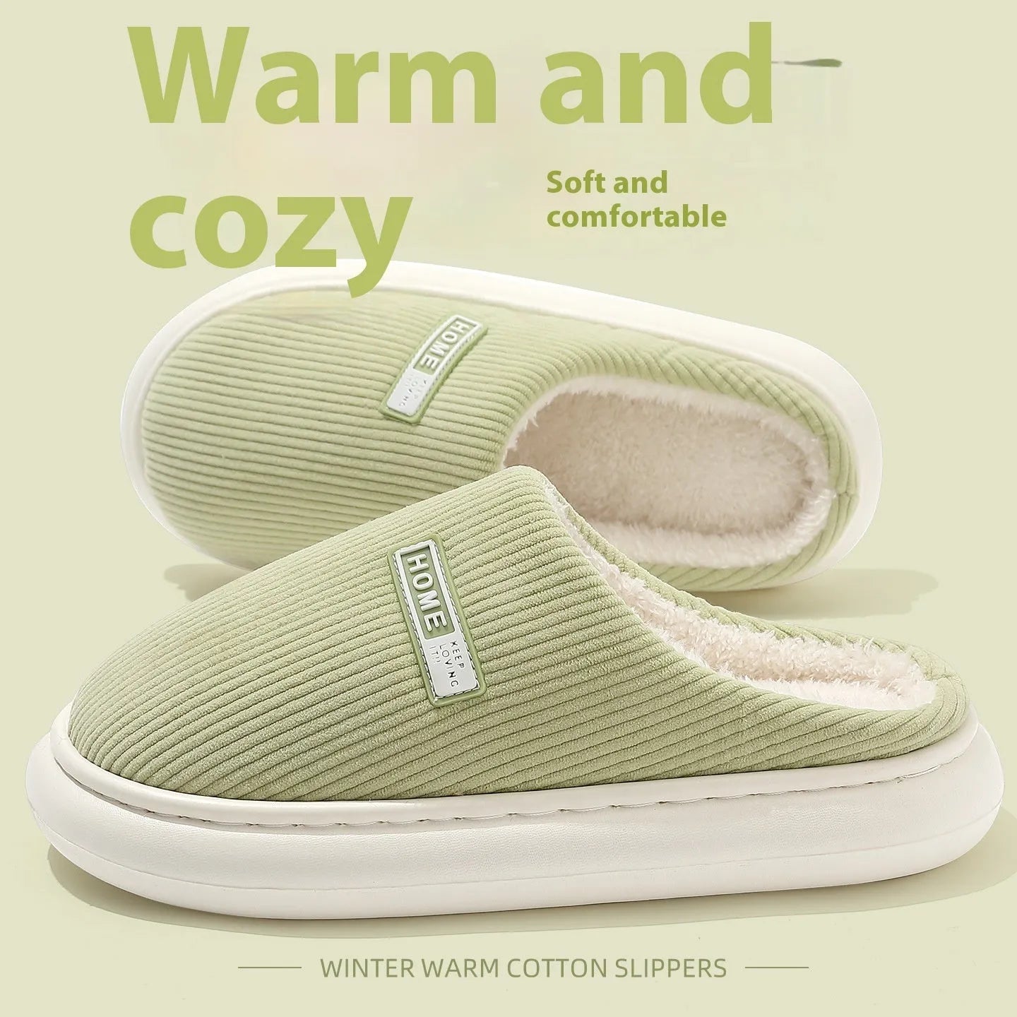 Plush non-slip cotton slippers with striped pattern and EVA sole in gray, green, pink, dark blue, and white