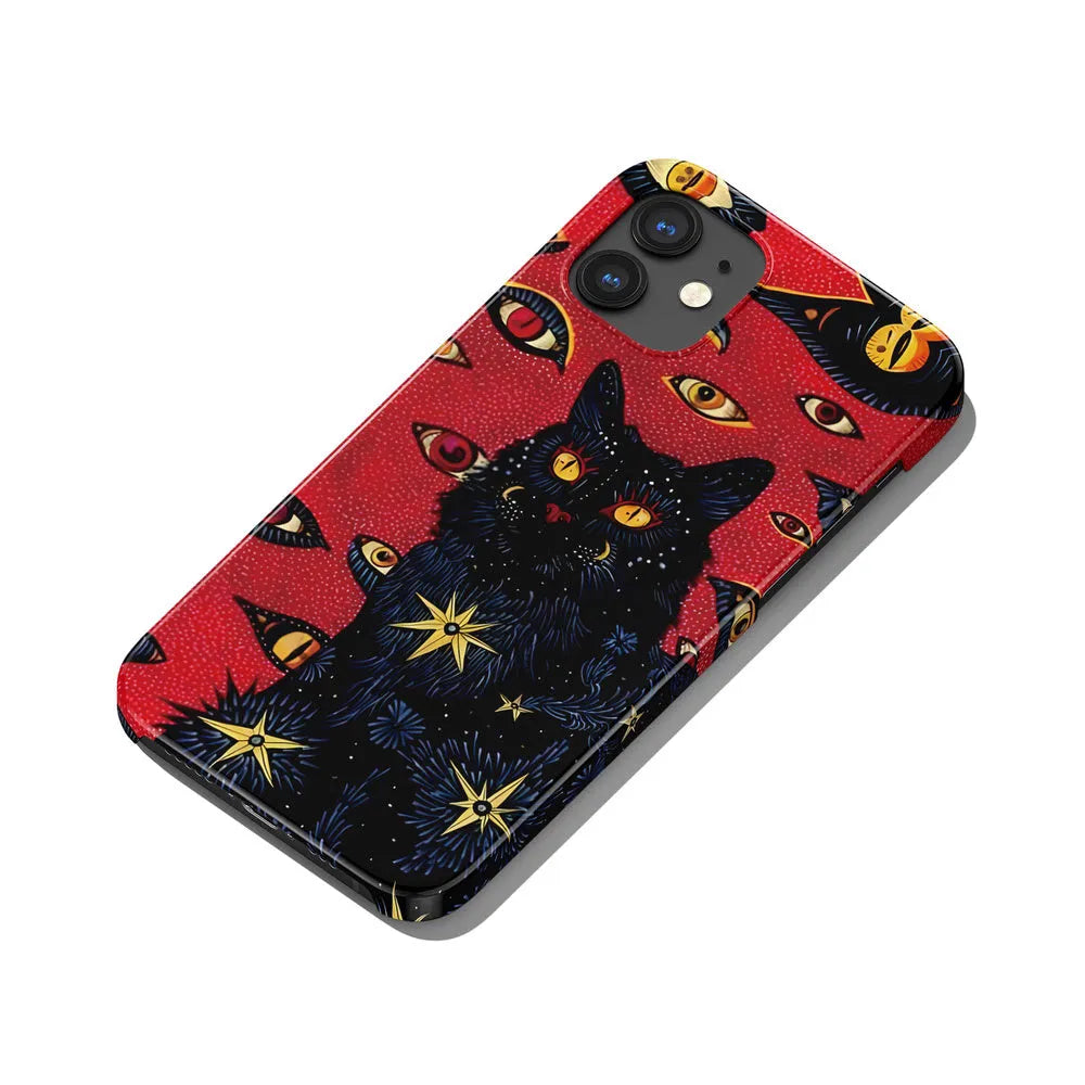 Retro cat eye design hard shell phone case for iPhone, shown in frosted and glossy half-covered style options.