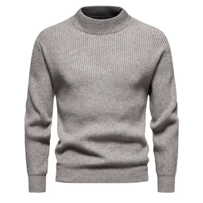 Men's casual knitted solid colour slim fit polyester sweater in dark gray, blue, and light brown, sizes M to XXXL