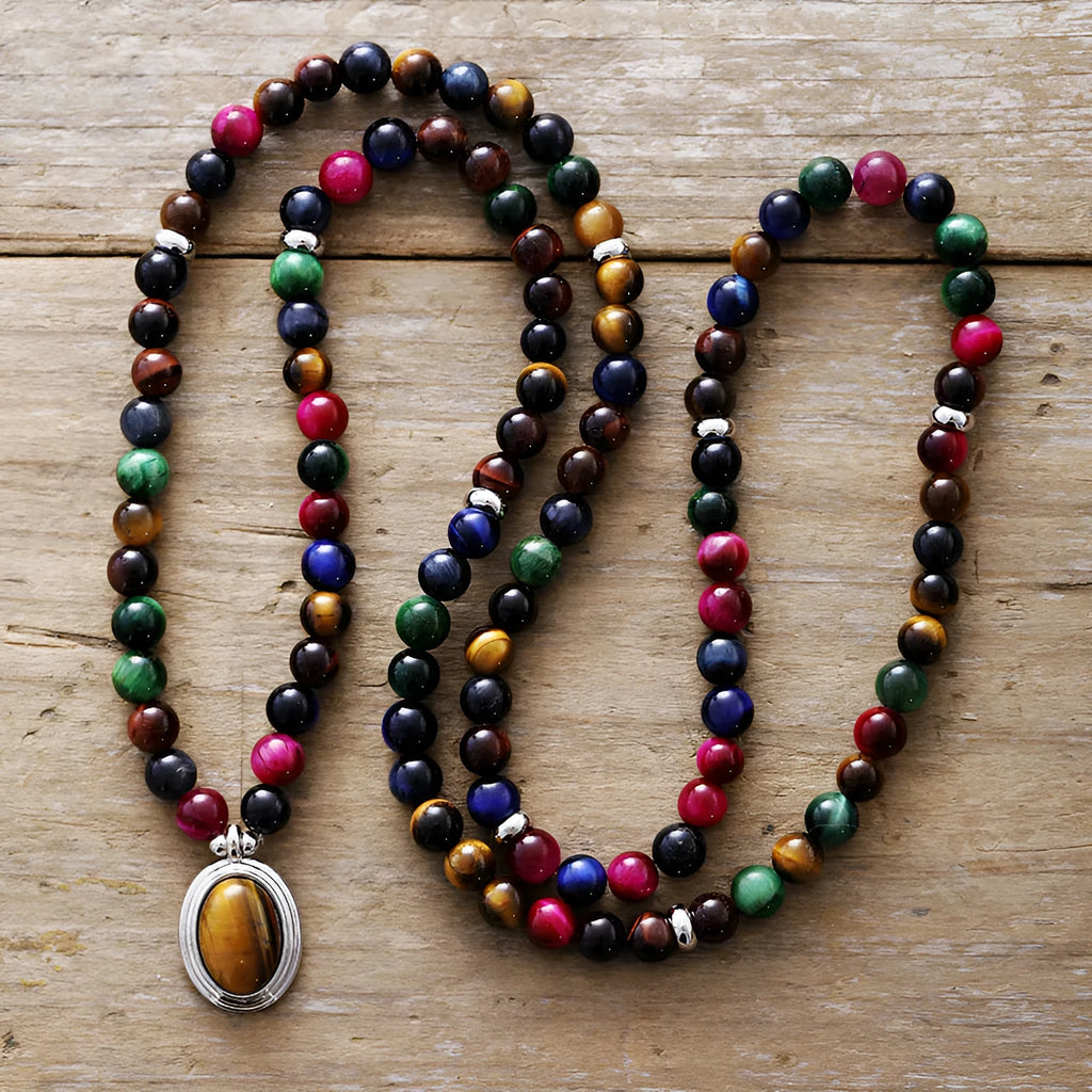 Natural stone meditation necklace and bracelet set with colour tiger-eye gemstone pendants featuring wings, crown, infinity and heart designs
