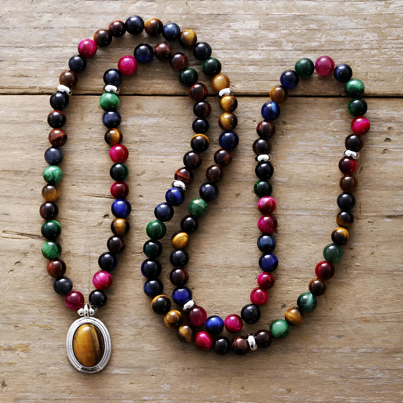 Natural stone meditation necklace and bracelet set with colour tiger-eye gemstone pendants featuring wings, crown, infinity and heart designs
