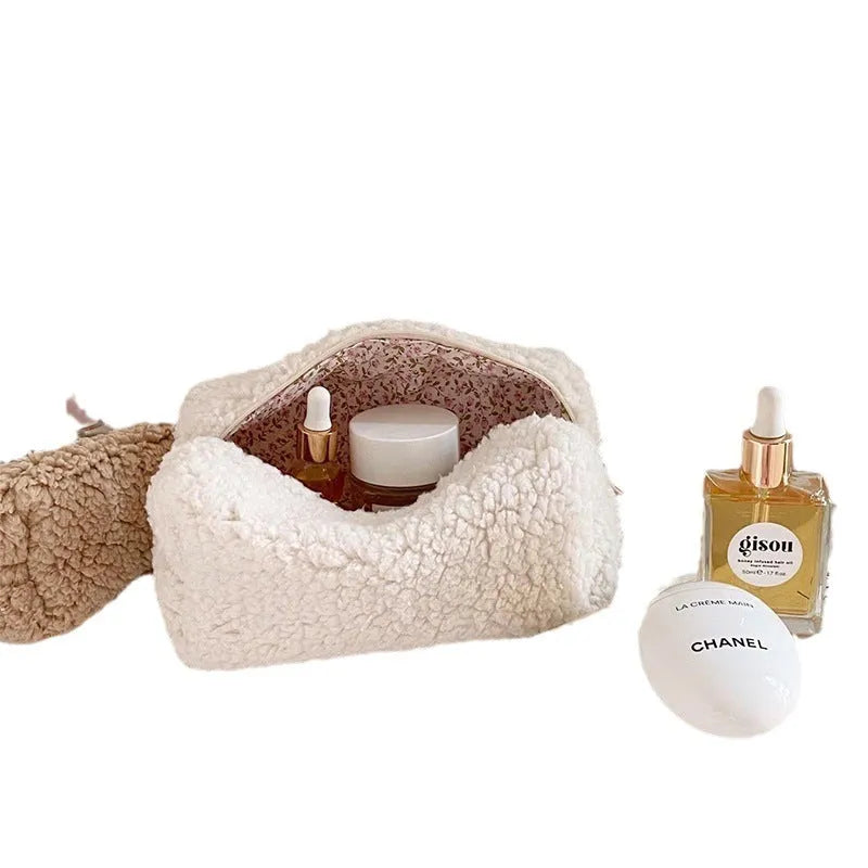 Teddy plush lambswool cosmetic bag 12x17x9.5cm in solid colour Japanese style for makeup storage