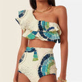 White women's one-shoulder swimsuit with a double-layer lotus leaf split design.