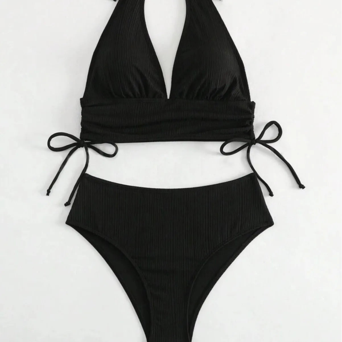 Women's black lace-up halter bikini with high-waisted briefs on mannequin