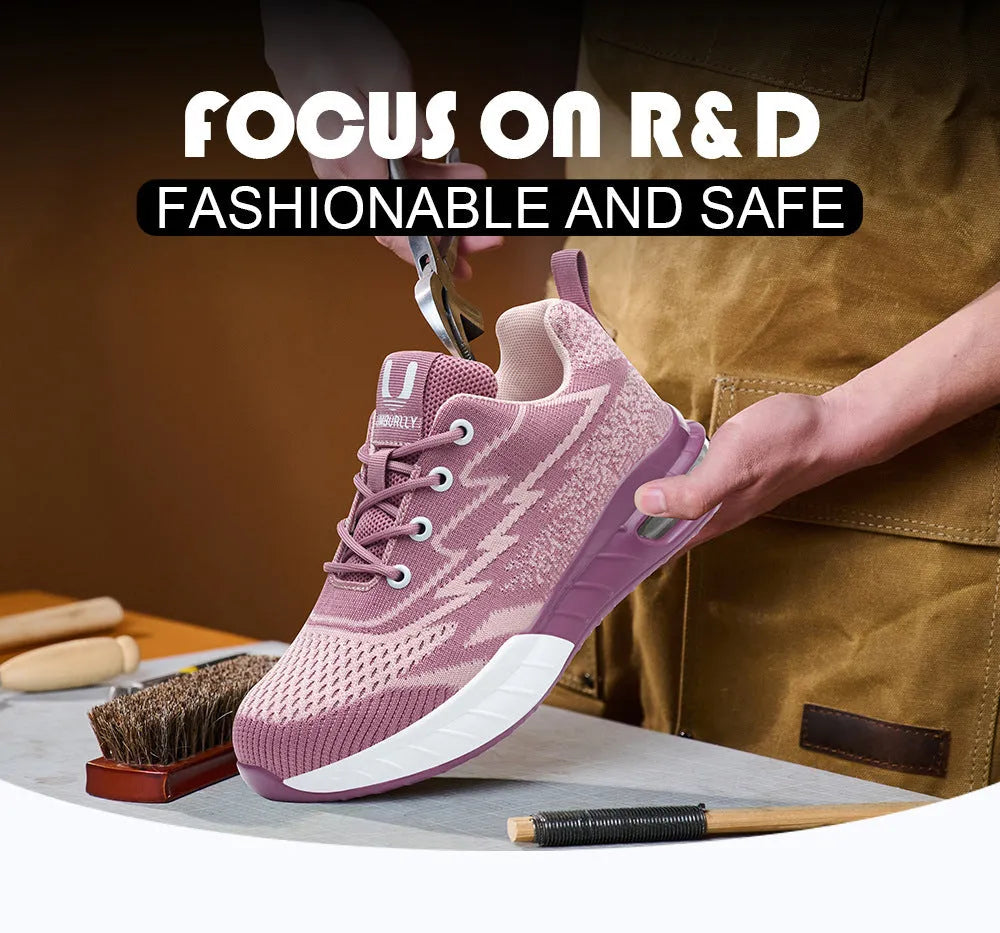 Women's safety trainers with steel toe and Kevlar midsole, flying woven upper, rubber sole, pink or black, EU35-41