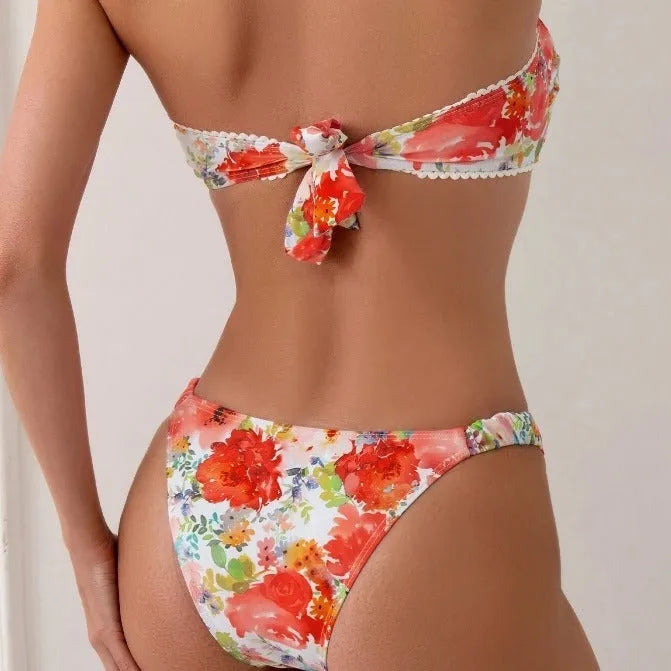 Women's shell print split backless bikini suit in purple, high waist floral briefs, polyester fabric