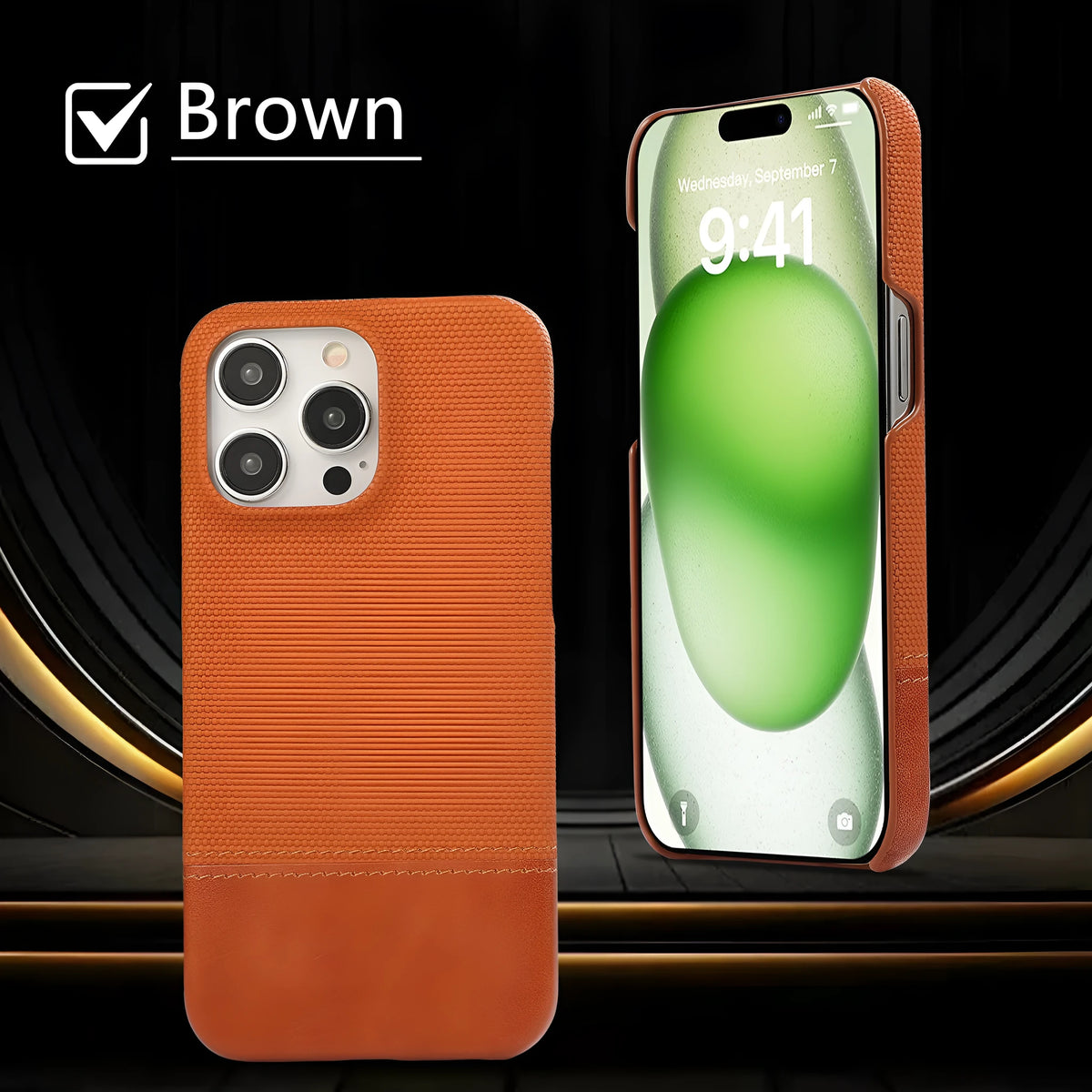 Imitation leather iPhone 17 phone case with fabric stitching, shockproof anti-fall design, six colour options