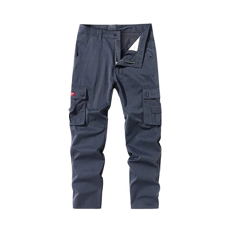Multi-pocket cargo trousers for men, straight leg, pure cotton, drawstring waist, available in khaki, gray, black, dark blue, army green