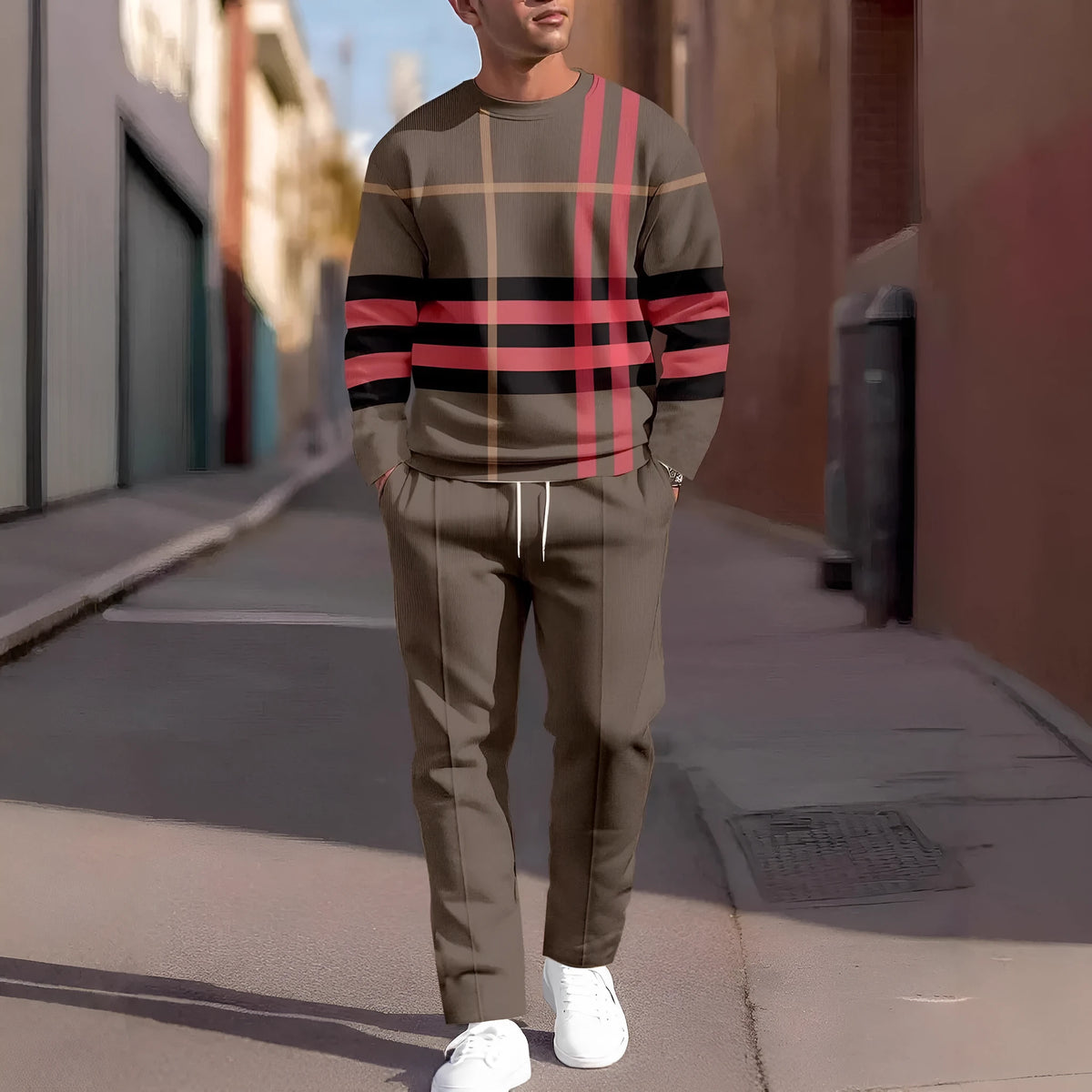 Men's 3D digital print sweatshirt and sweatpants set, long sleeve round neck top with full-length pants, polyester, S-6XL