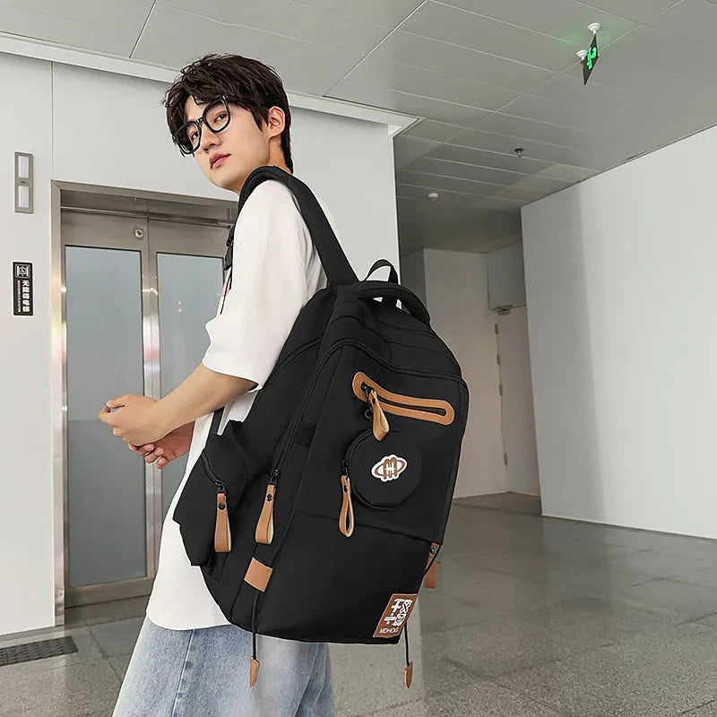 Large capacity waterproof nylon travel backpack with contrast stitching in beige colour option