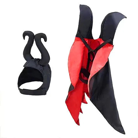 Halloween pet bat costume with cloak and pointed hat in red or purple colours