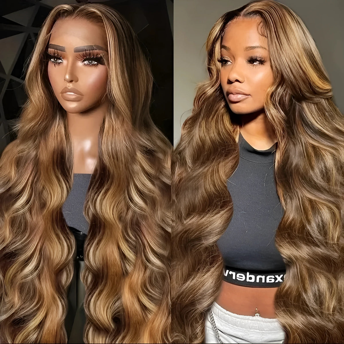 Long curly big wave wig for women in high temperature fibre, shown in a highlight-effect colour and available in 12 to 32 inch lengths