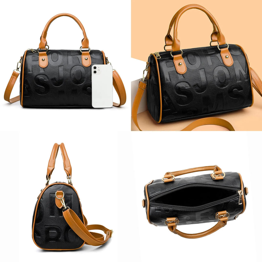 Brown cylindrical crossbody bag with three adjustable shoulder straps showing leather-like PU material texture