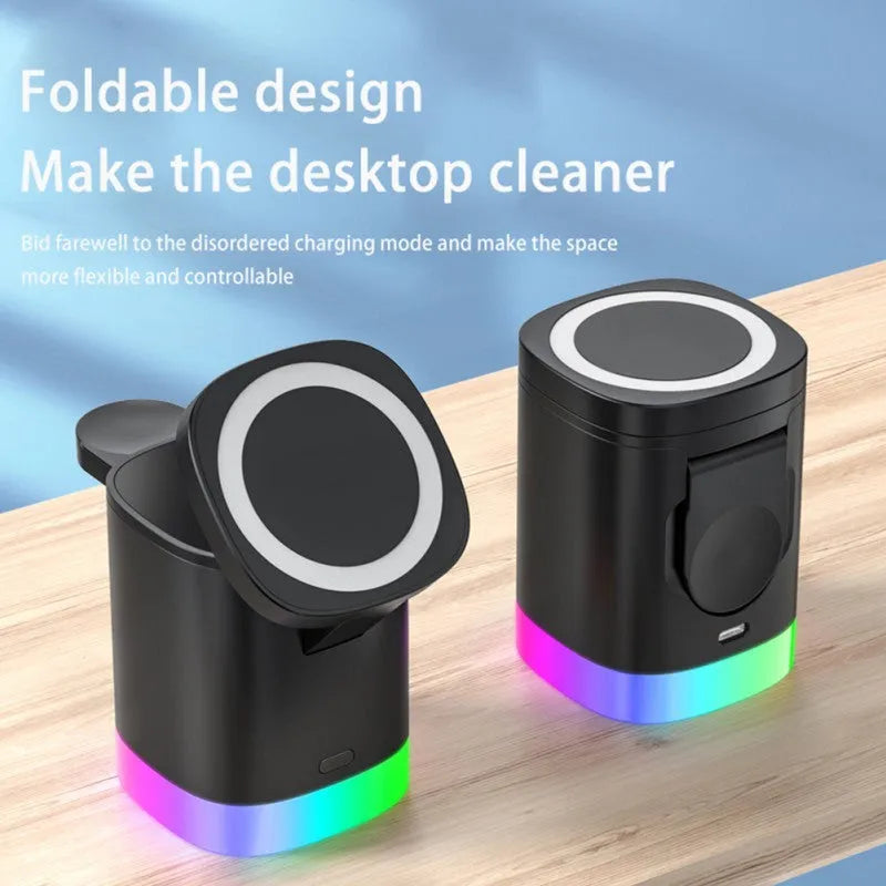 Black foldable 3-in-1 magnetic wireless charging station with RGB lighting charging iPhone, Apple Watch, and AirPods