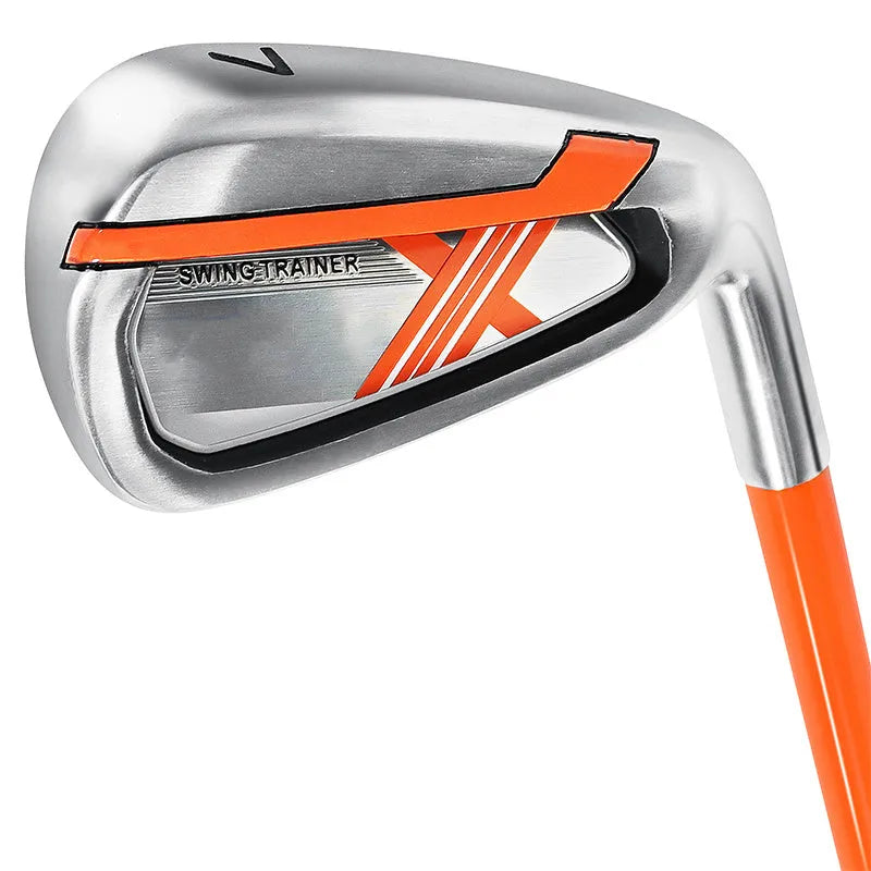 Golf iron swing trainer with soft iron club in orange, measuring 38.5*10cm, used for swing practice.