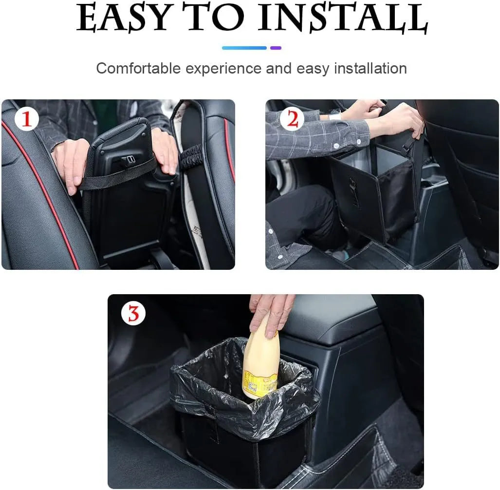 Black waterproof oxford cloth folding trash can for cars, shown with dimensions.