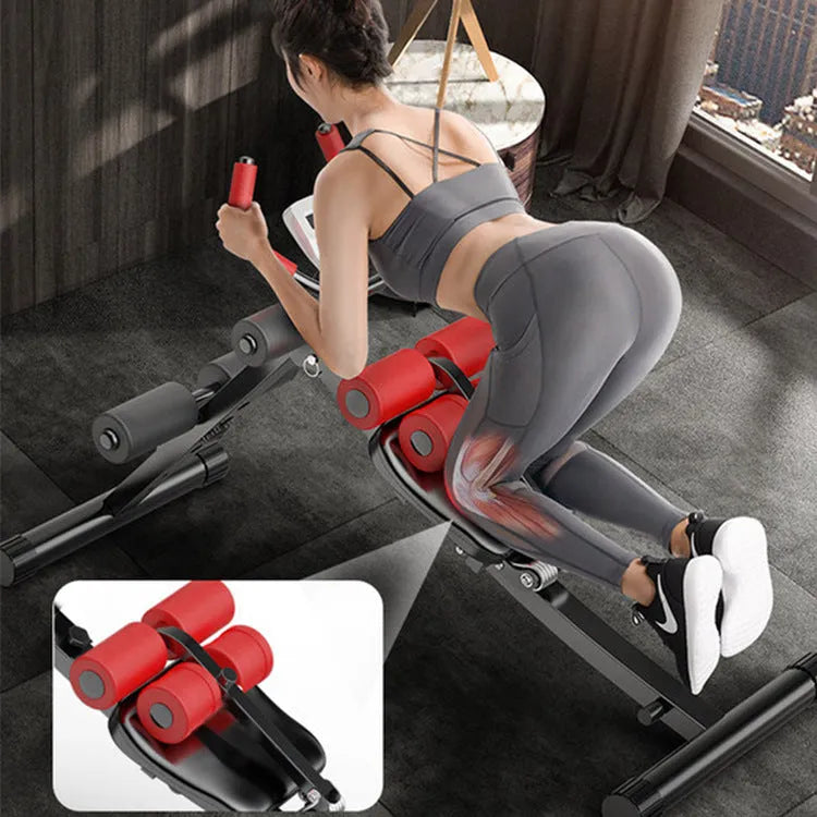 Abdominal exercise machine with metal frame, black ribbon drawstring, dimensions 113x30x70cm