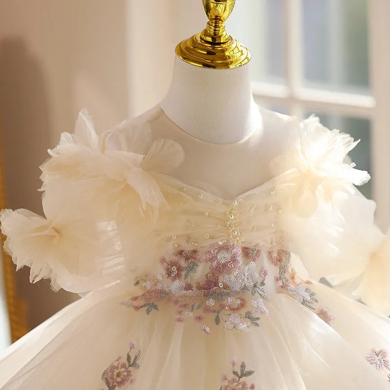 Girls' light champagne princess dress for birthday and performance, height sizes 80cm to 150cm, polyester lining and main fabric