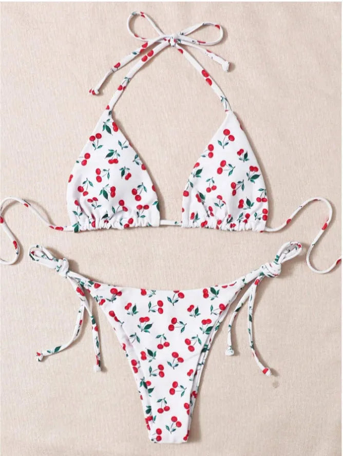 Solid colour split halter bikini top with matching backless briefs on a model