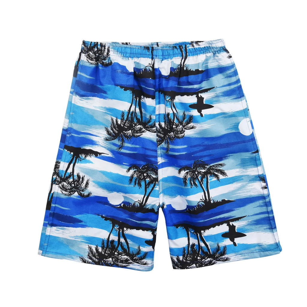 Men's floral printed swimming trunks with five-point cut design in polyester fabric
