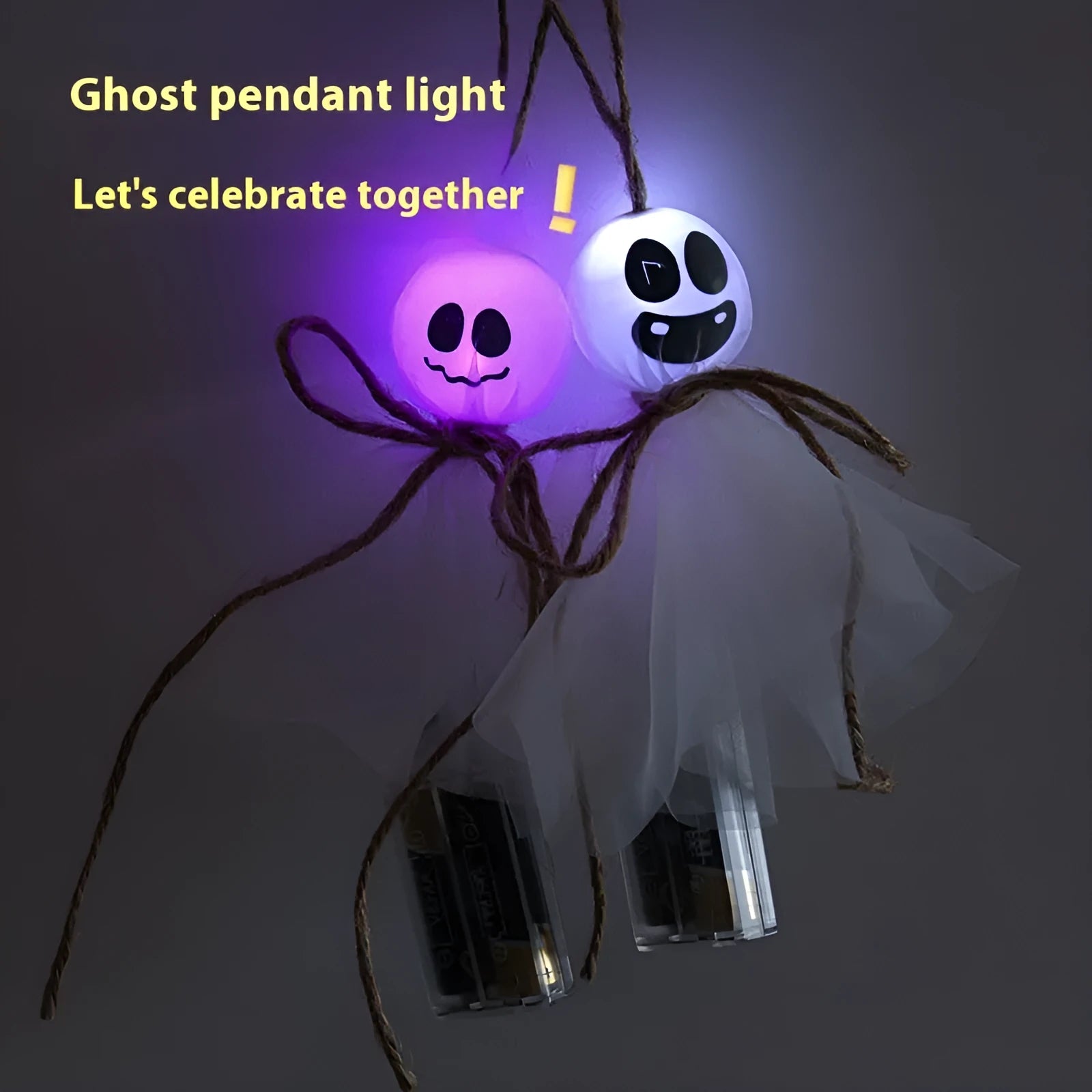 Halloween ghost-themed LED lighting chain with battery box, showing colourful lights on a PVC string.