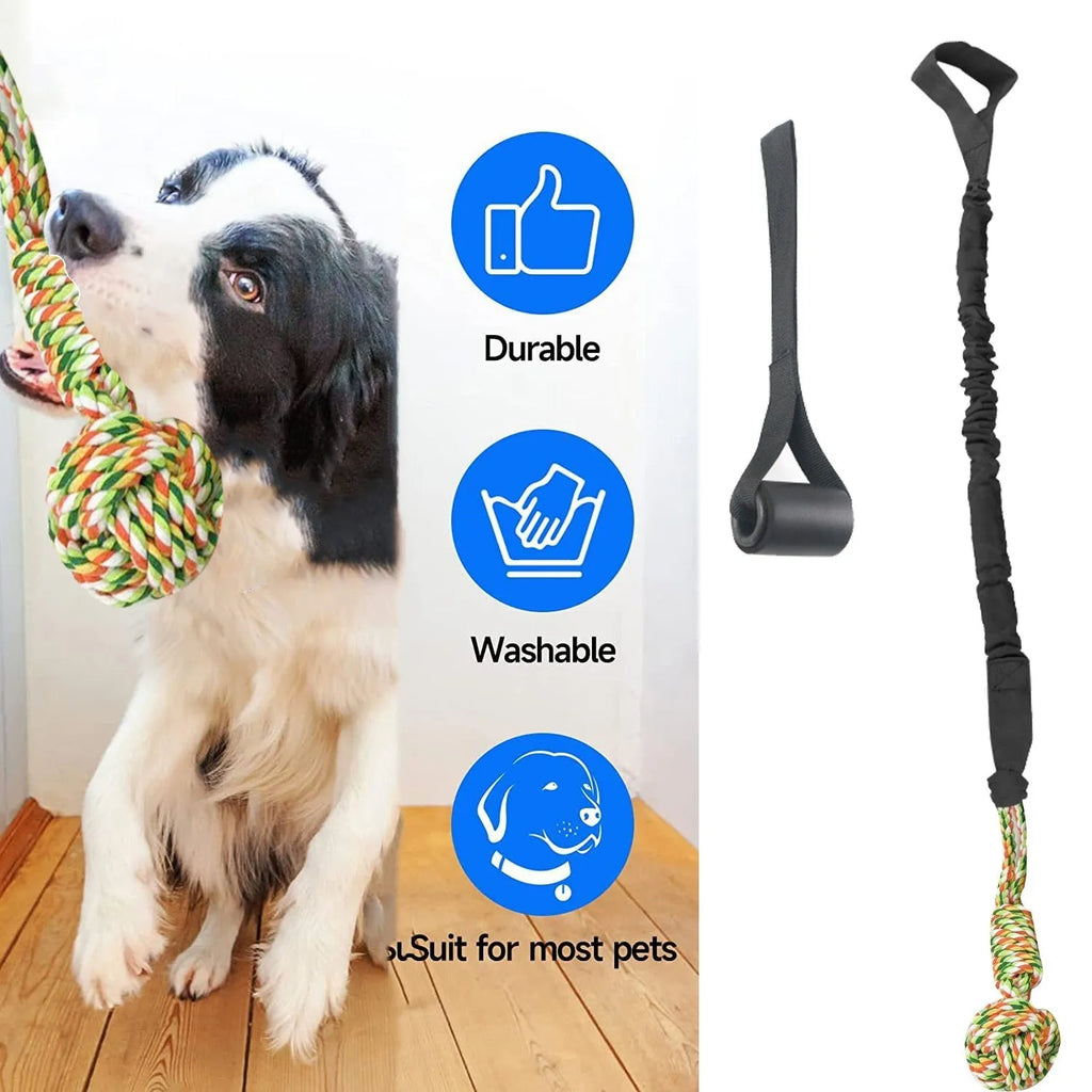 A woven cotton rope dog toy for tug of war and chewing, shown in black, grey, and red.