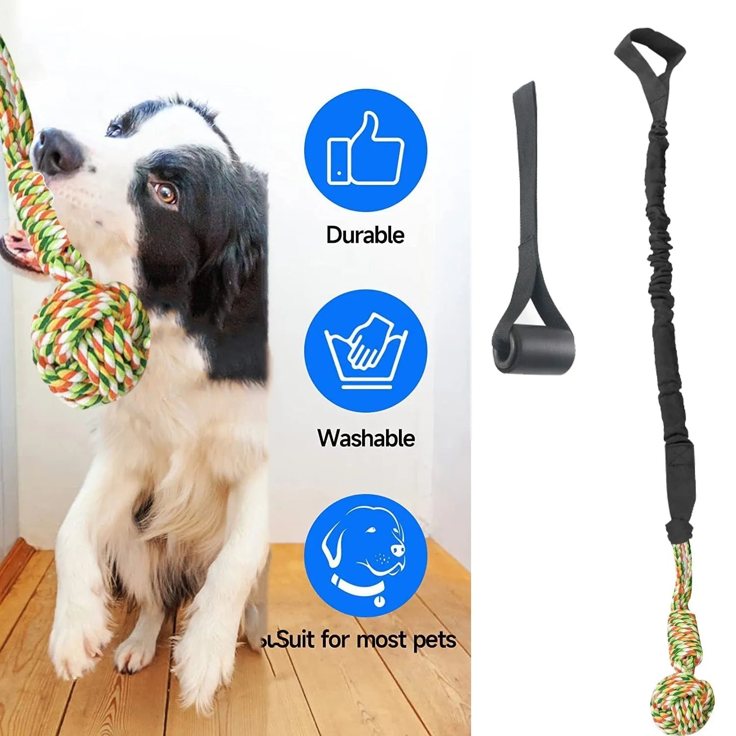A woven cotton rope dog toy for tug of war and chewing, shown in black, grey, and red.