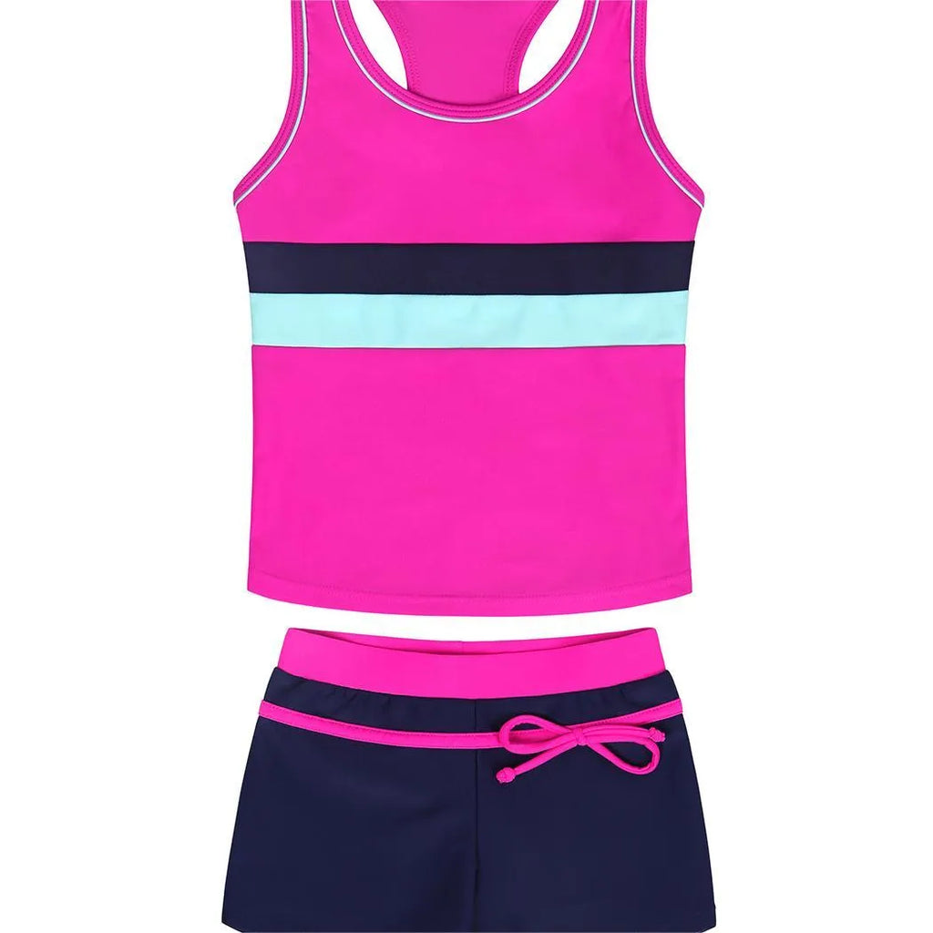 Girls' two-piece blue swimsuit with chest pad top and split boxer shorts laid flat.
