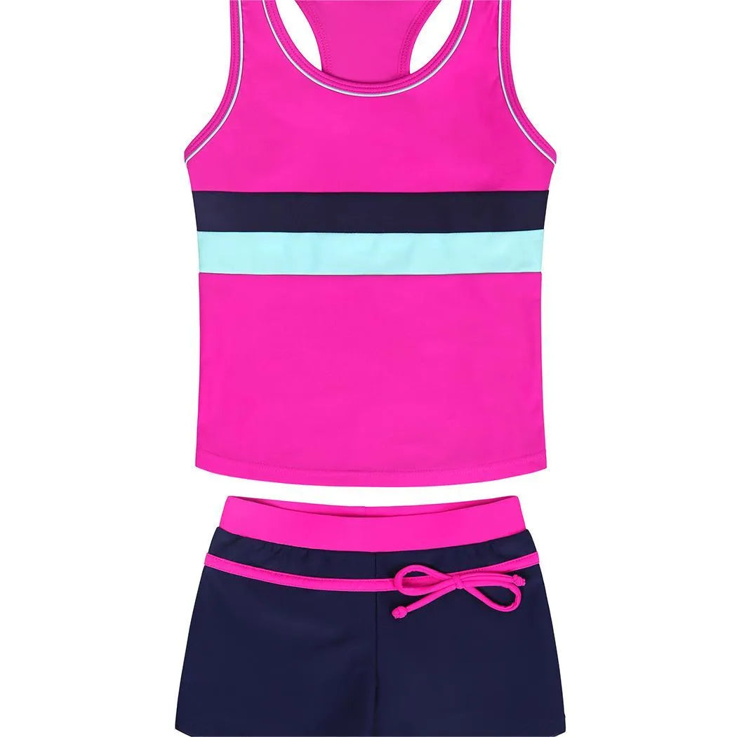 Girls' two-piece blue swimsuit with chest pad top and split boxer shorts laid flat.