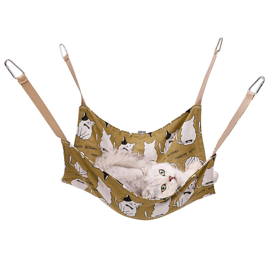 Yellow cotton linen cat hammock with metal hanging hook, shown suspended.