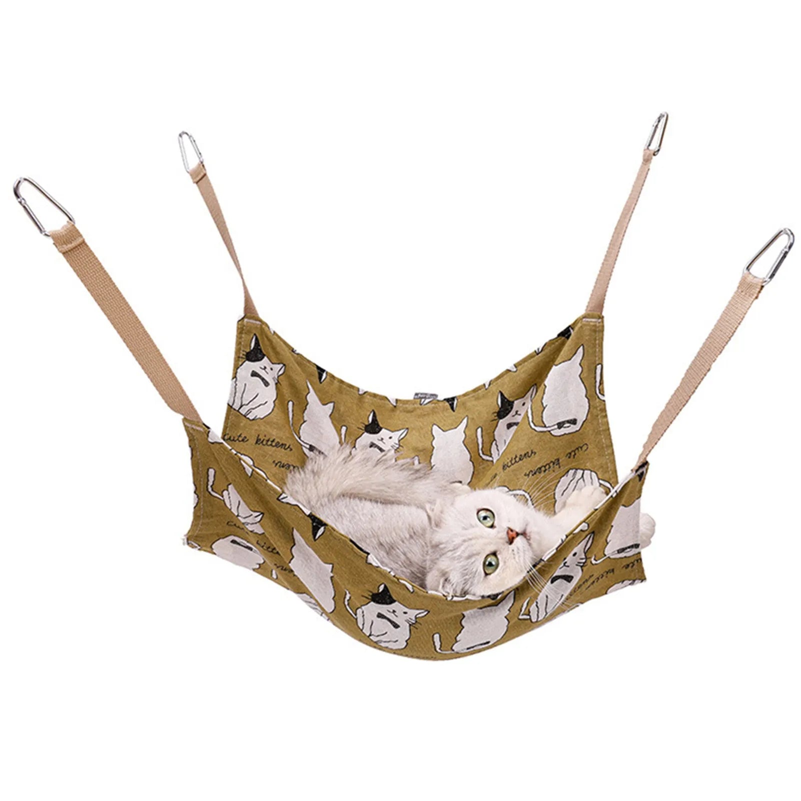 Yellow cotton linen cat hammock with metal hanging hook, shown suspended.