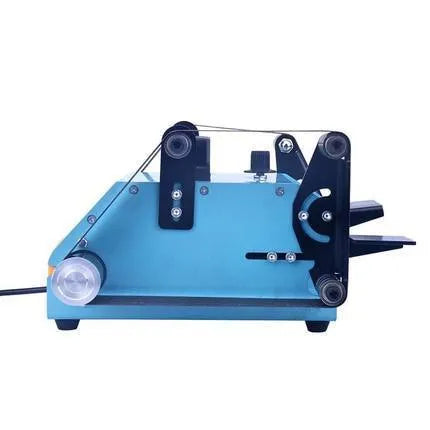 Blue desktop dual-axis belt sander with two sanding heads and a variable speed switch on a workbench.