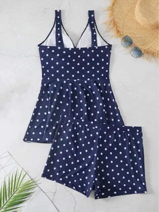 Blue polka dot print women's skirt bikini swimsuit with plus size fit