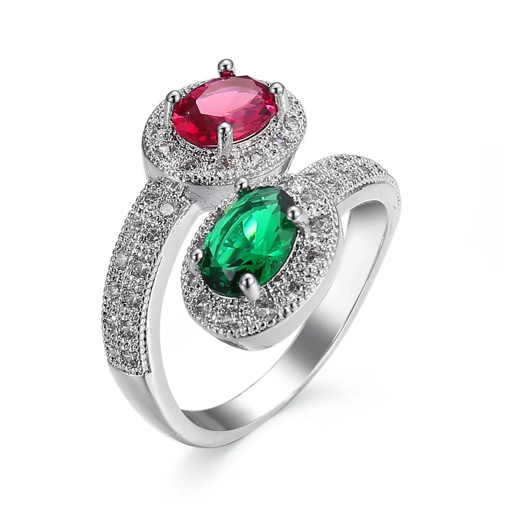 Copper ring with zircon stone, electroplated finish, rose emerald colour, women's size No8