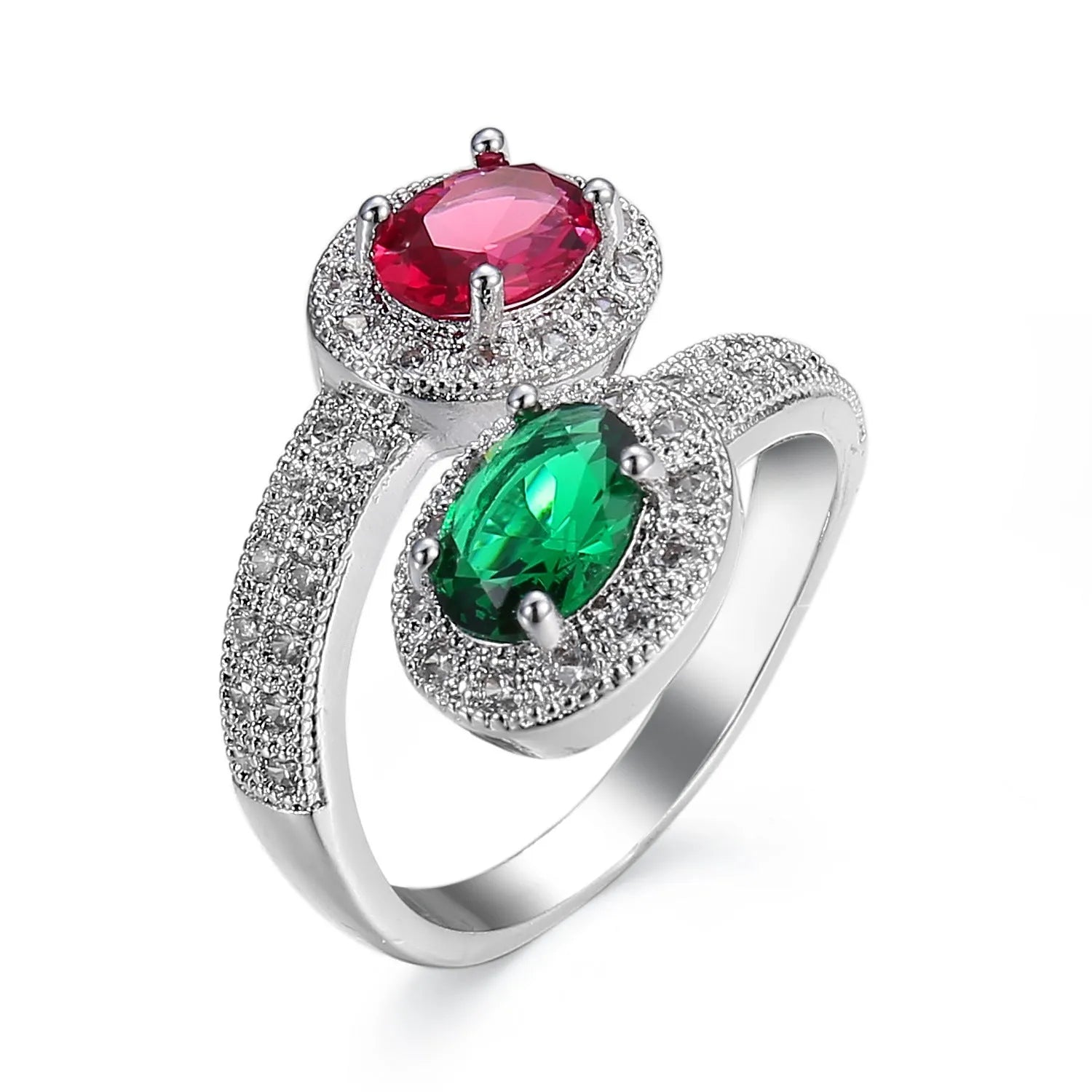 Copper ring with zircon stone, electroplated finish, rose emerald colour, women's size No8