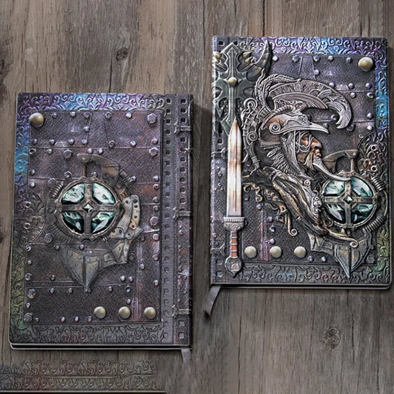 Handmade leather A5 notebook with 3D embossed warriors relief on the cover, showing bronze colour option.