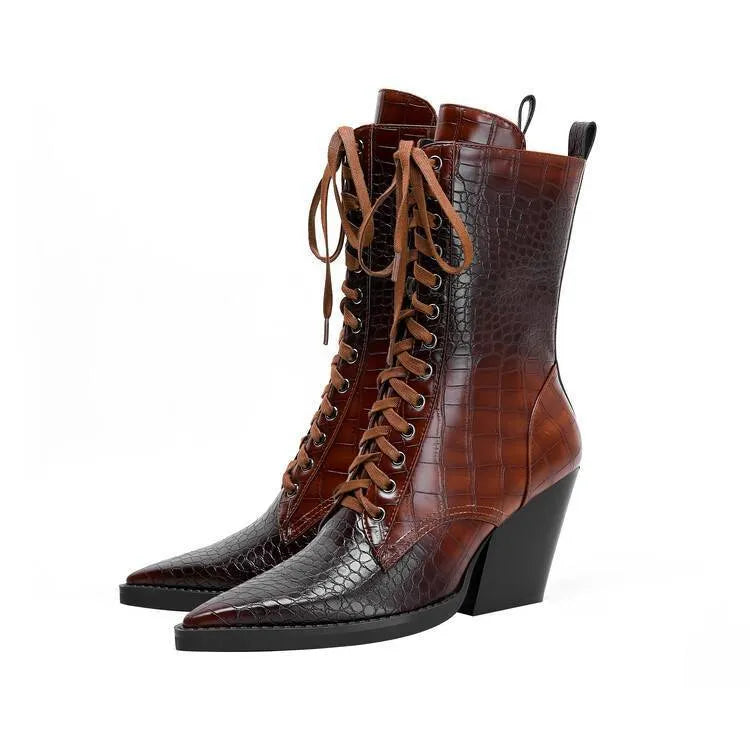 Retro pointed toe women's boots with chunky heel and side zip fastening in dark brown colour