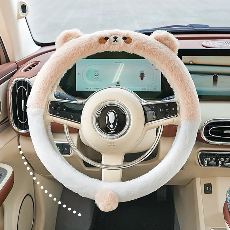 Plush cartoon animal steering wheel cover with rabbit fur trim, fitted on a 38cm car steering wheel.