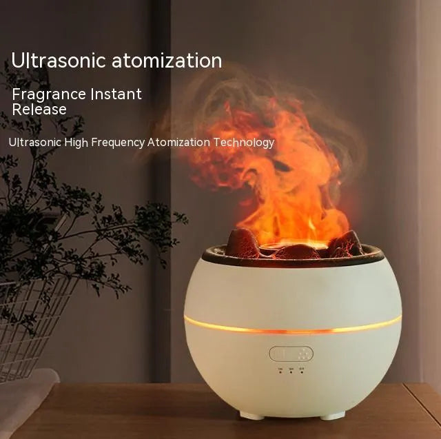 White round ultrasonic aroma diffuser humidifier with timer buttons on a desk.
