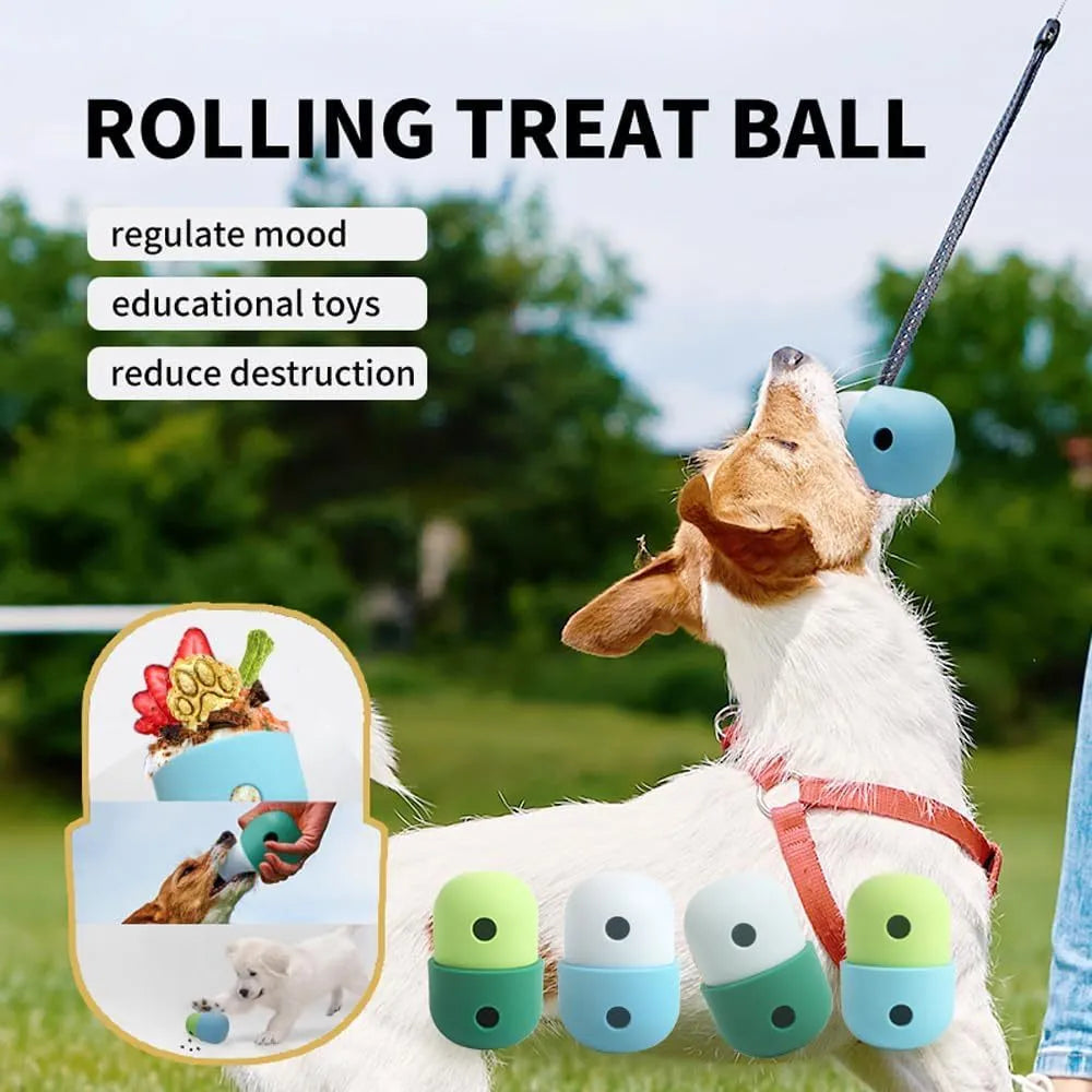 Food grade silicone dog puzzle treat ball in blue and white, shown next to dog treats.