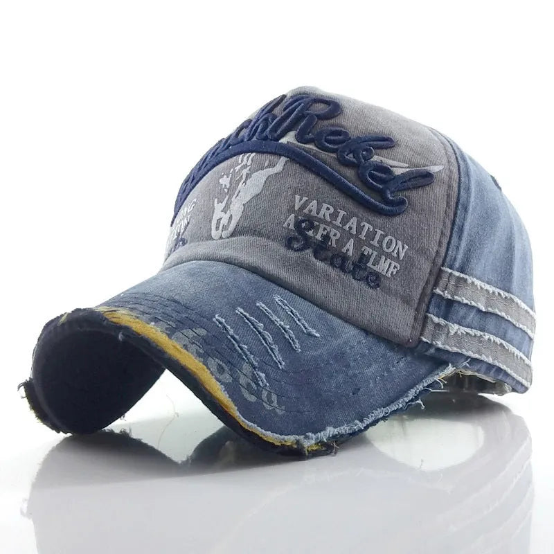 Retro denim baseball cap with wide brim and dome top, adjustable one size, in black, army green, red, khaki, blue, or champagne.