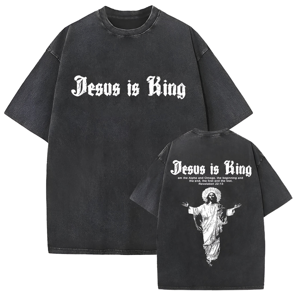 Christian vintage washed T-shirt with Jesus Forgive Them Father print, black, front view