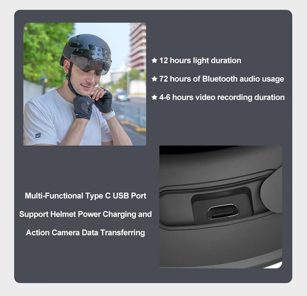 Black riding helmet camera with Bluetooth turn taillight, 58-62cm, 1080p 60FPS, Type C USB
