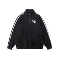 Black unisex retro casual sweater hoodie with a stand collar and long sleeves.