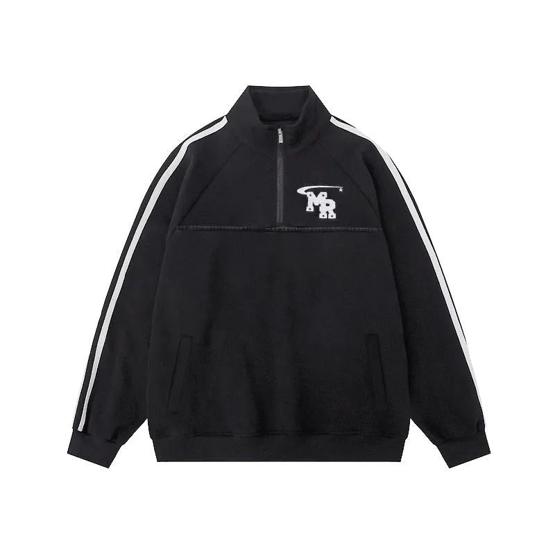 Black unisex retro casual sweater hoodie with a stand collar and long sleeves.