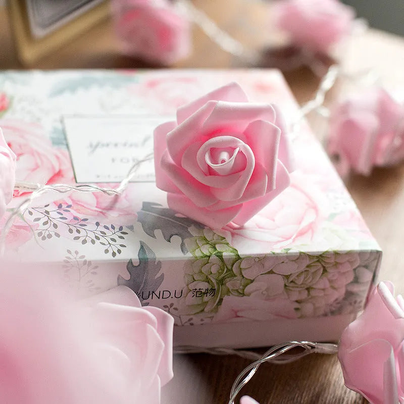 PE rose light string with 20 LED white and pink flowers on a green wire, battery box controller, romantic Valentine's decoration