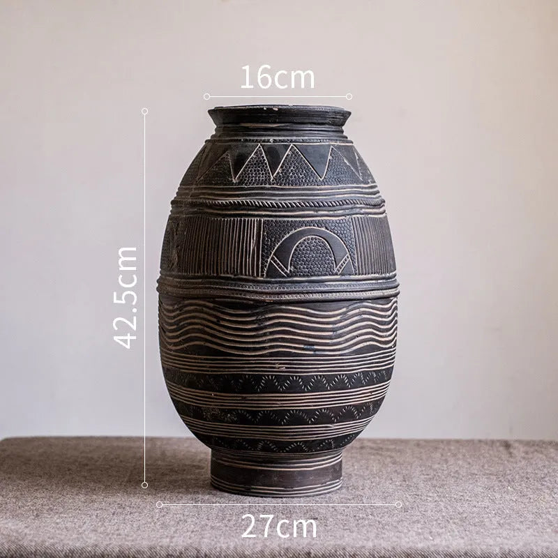 Medium cement African art decorative flower pot with ethnic design and drainage holes