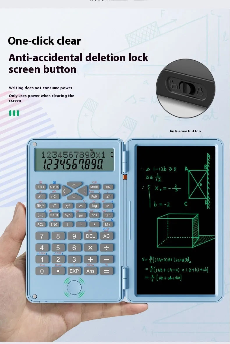 Portable scientific calculator with handwriting board, plastic body, 162 mm length, in black