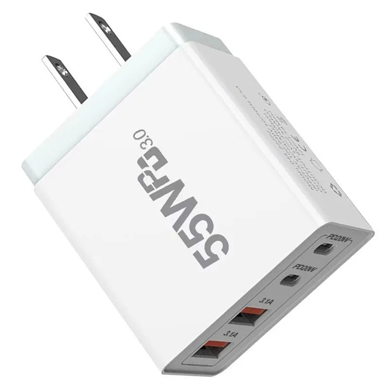 55W multi-port white USB charging plug with Type-C interface on a plain background