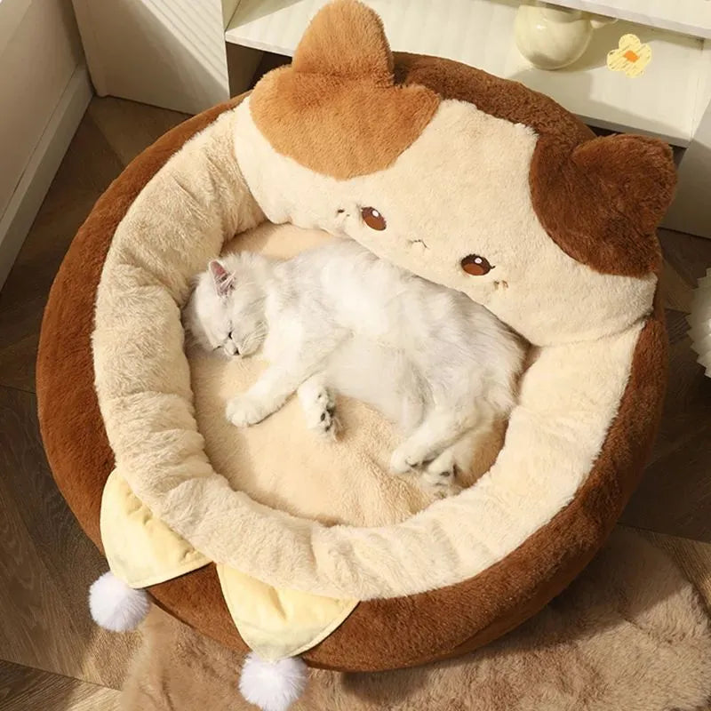 A round grey pet bed for cats and dogs on a wooden floor.